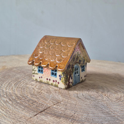 Fe hus, med blå dør, fra siden